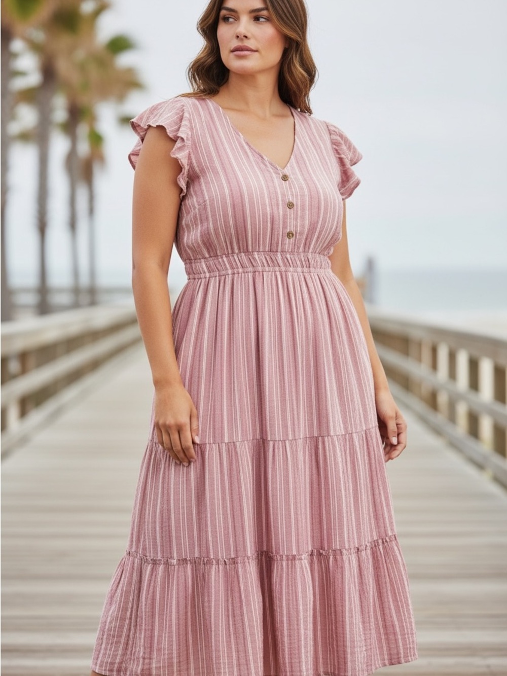 100% cotton, Lucky brand Striped Pink Button-Front Tiered Midi Dress, coastal